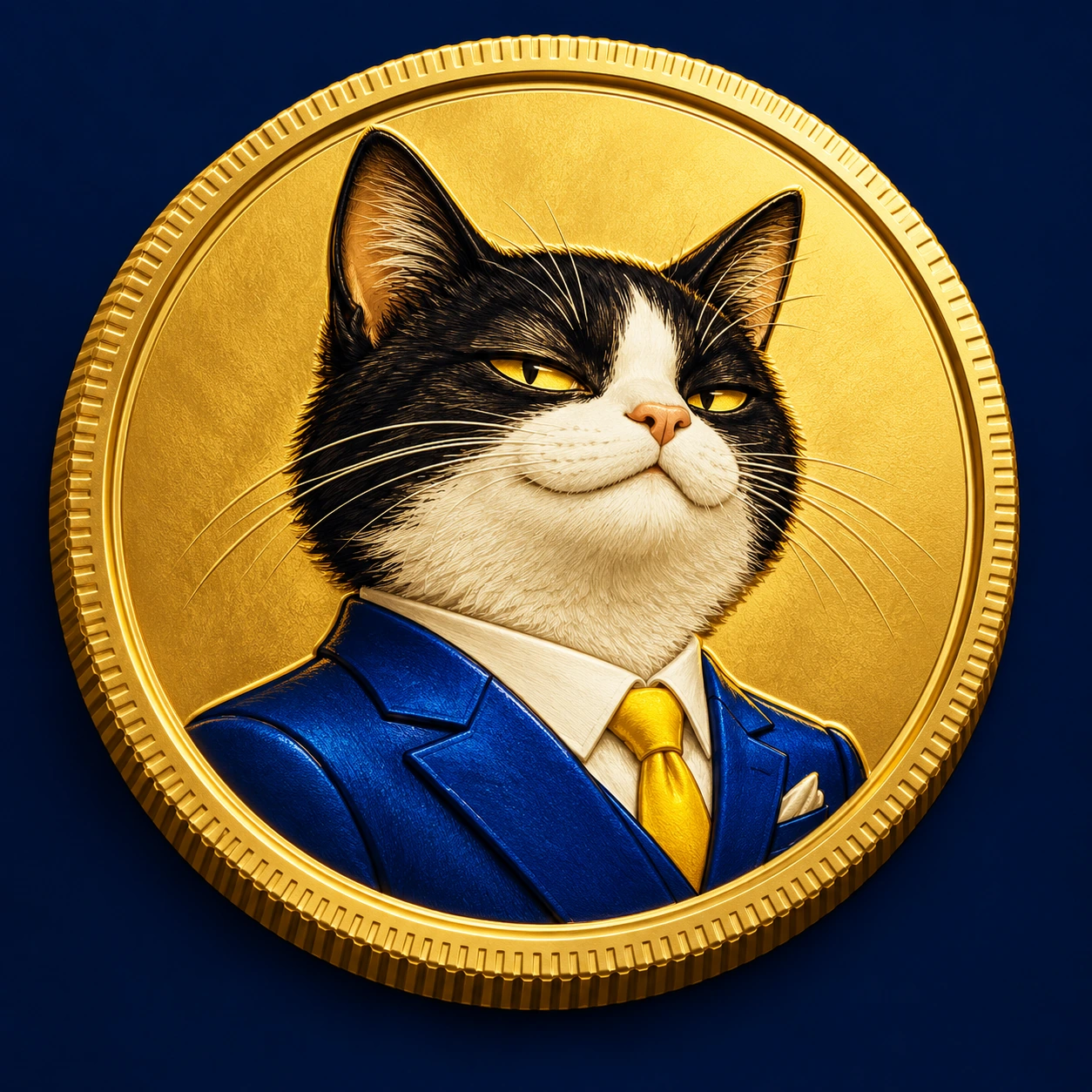 Gold CEO CAT coin featuring the tuxedo cat in a blue suit