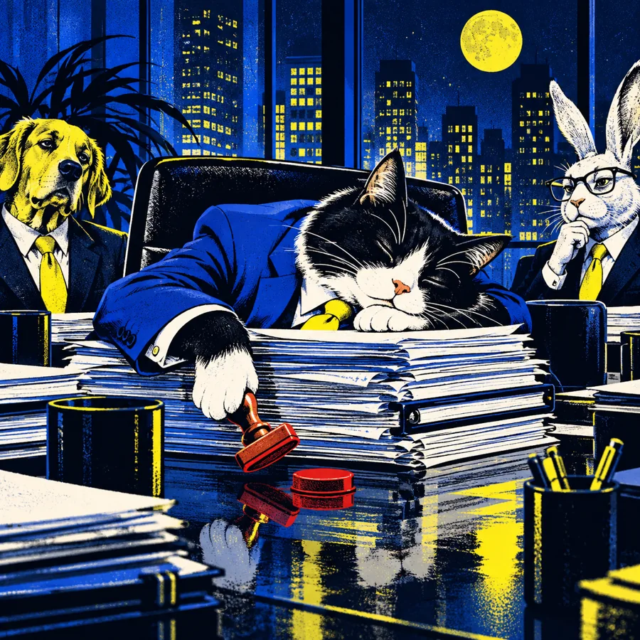 CEO CAT asleep on a pile of reports during a meeting