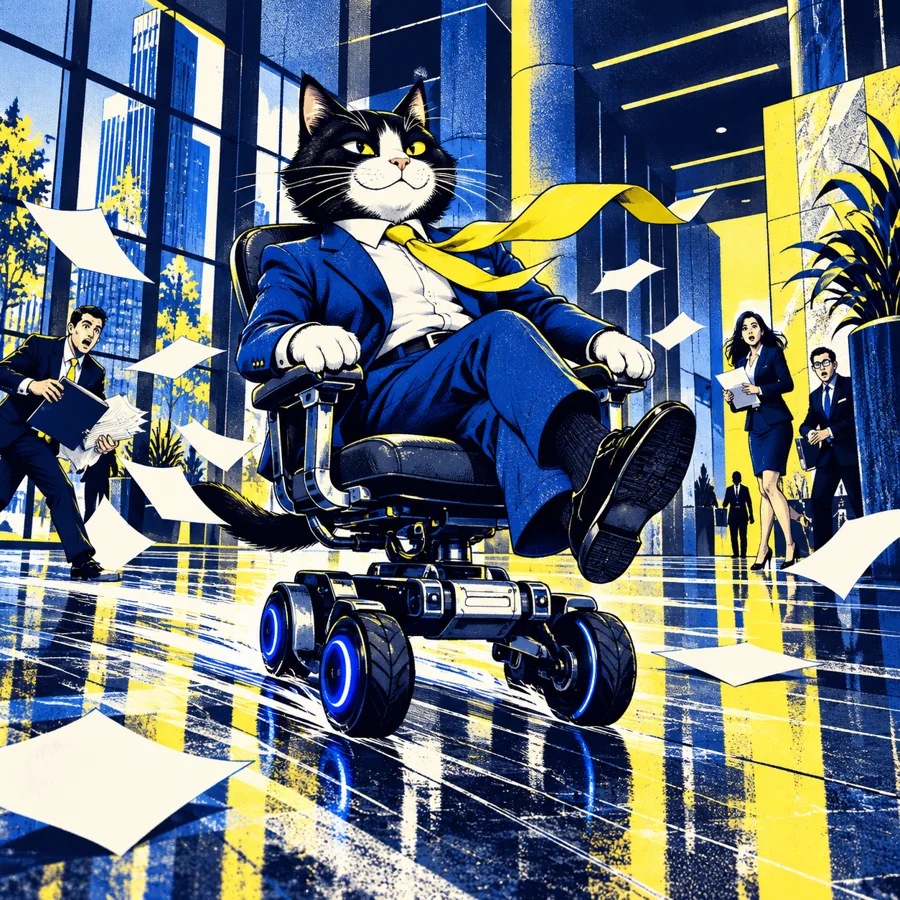 CEO CAT rolls through the office on a motorized chair
