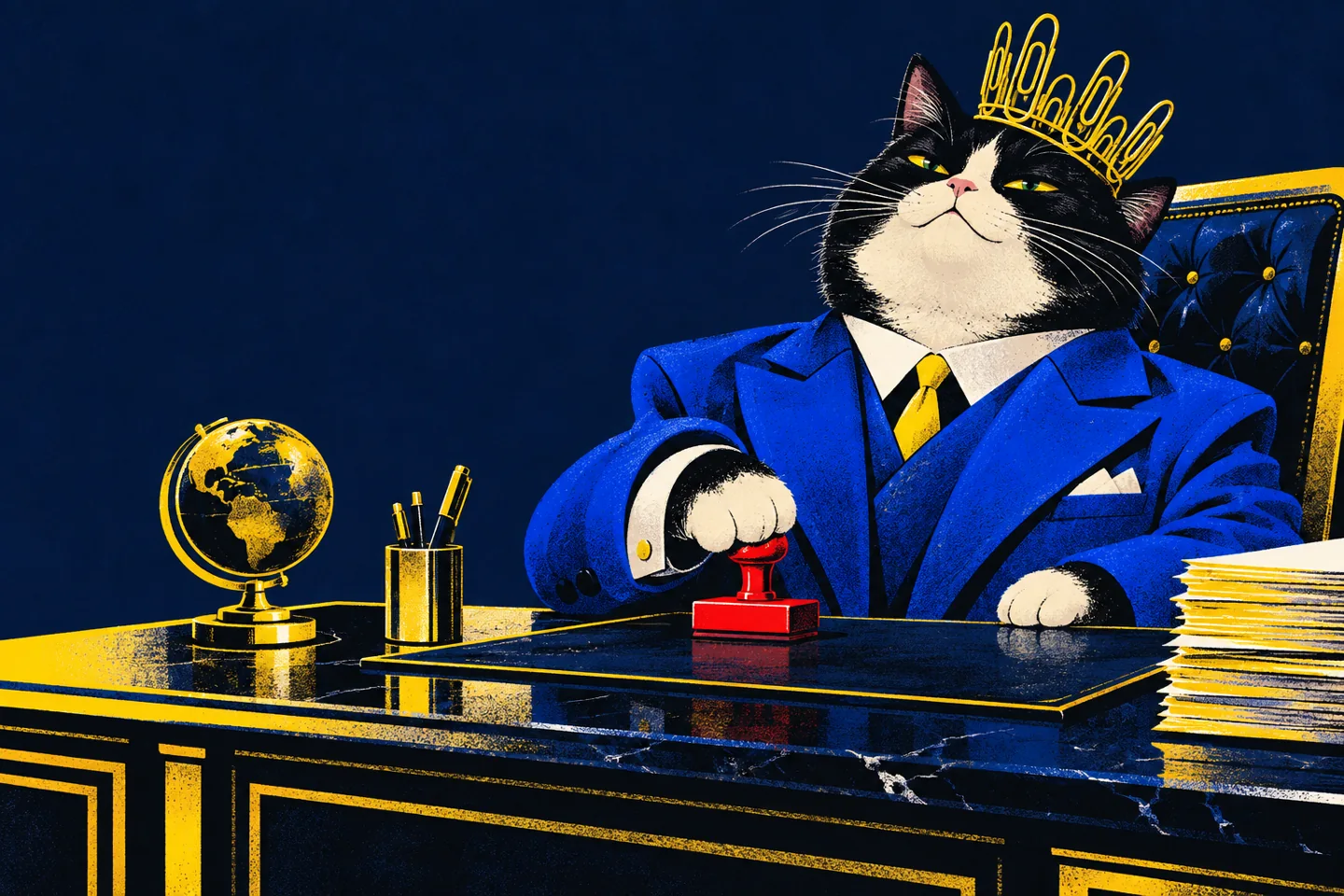 A tuxedo cat in a blue suit sits behind an executive desk with a red stamp